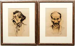 Issachar Ber Ryback, Pair of Character Portrait Drawings, charcoal on paper, apparently