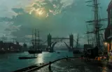 John Stobart, London: Moonlight over the Lower Pool in 1897, 1988, color