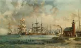 John Stobart, Nantucket the Celebrated Whaling Port in 1835, 1972, color
