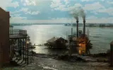 John Stobart, Natchez: The Robt. E Lee Arriving at the Wharfboat Natchez Under the Hill in 1882, 1981, color