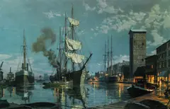 Cleveland: Moonlight Arrival in the Cuyahoga River c. 1876, photolithography, 20 x 31 inches by John Stobart, pencil, offered Mar 2022