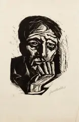 Sinnender [Man in Thought] by Hanns Kralik, 1929, woodcut on laid paper, offered Mar 2022