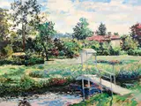 Jose Lopesalcedo, (Peruvian, b.1955), Pedestrian Bridge over the Pond, contemporary, oil on canvas