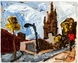 Arnold Sharrad, Street Scene with Church, 2008, oil and heavy impasto on artist's board