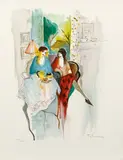 Itzchak Tarkay, Tea for Two, undated, color, lithograph on paper