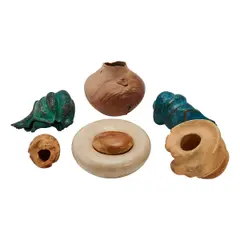 Michael Peterson Painted, Untitled, bronze and sculptural wood vessels