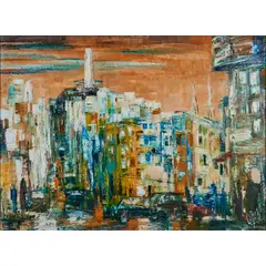 Jack Laycox, "North Beach,", oil on canvas, [approximate dimensions - canvas: 28 1/2" H x 38" W]