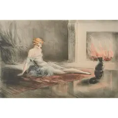 Alfred Renaudin, Woman with Cat Near Fireplace, lithograph, [approximate dimensions -