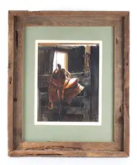 Featured in this lot is an Original Signed Craig Sheppard, "In The Shed", a by Craig Sheppard, watercolor on paper in a rustic wood, offered Nov 2023