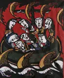 Sadao Watanabe, - Men in A Boat- woodblock in colors, 1963, signed, dated and numbered 28/50 in white, ink