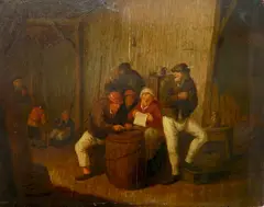 Adriaen Brouwer, - Tavern Scene with Peasants-, oil on panel, bears monogram 'AB' lower right, scratch in paint