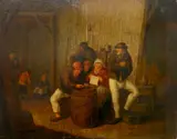 Adriaen Brouwer, - Tavern Scene with Peasants-, oil on panel, bears monogram 'AB' lower right, scratch in paint