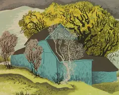 Guy Maccoy, - ''Blue Barn''-, silkscreen in colors, 1941