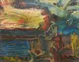 Paul B. Travis, - Figures and Fish-, oil on masonite, some scratches to surface