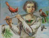 - Woman Playing Flute- by Francis J. Meyers, watercolor and oil pastel on paper, offered Oct 2019
