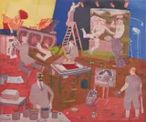 Warrington Colescott, - ''History of Printmaking Update: Leroy Neiman Pulls a, Screenprint'' (Chapin 227)- etching in colors, 1982