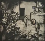 Sue Coe, - ''The Auction''- photo-, etching and screenprint with hand-coloring, 1988