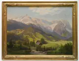 Konrad Petrides, - Austrian Landscape with Mountains-, oil on masonite canvas board