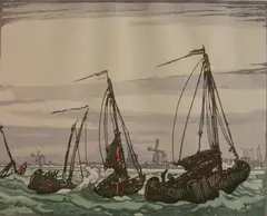 Urushibara Mokuchu, - ''Dutch Packet Boats''-, woodcut in colors after Frank Brangwyn, 1924