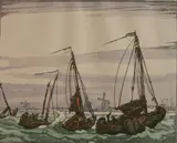 Urushibara Mokuchu, - ''Dutch Packet Boats''-, woodcut in colors after Frank Brangwyn, 1924