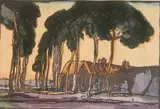 Urushibara Mokuchu, - ''Cottages and Trees''-, woodcut in colors after Frank Brangwyn, 1924