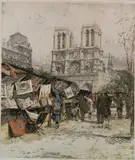 Luigi Kasimir, - ''Booksellers at Notre Dame''-, etching in color