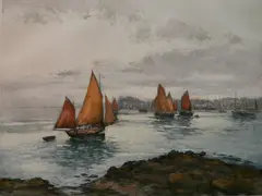 - Boars Along the Shore- by Manuel Robbe, aquatint in colors, offered Jun 2019