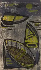 Hildegarde Haas, - ''Boats''-, woodcut in colors, 1947