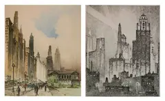 Leon Pescheret, - 1.) ''Chicago Towers''-, etching, 1929