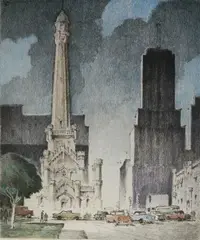 Leon Pescheret, - ''Chicago Water Tower''- softground, etching in color, 1956