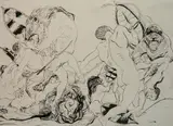 Paul B. Travis, - ''Masai Hunters and Lions''-, pen and ink on paper, 1955