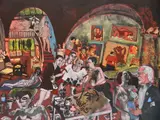 Warrington Colescott, - ''Picasso at Mougins: The etchings'' (Chapin 346)-, etching in colors, 2002