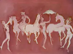 Algesa O'Sickey, - ''Classical Scene of Woman and Horses''-, oil on paper, estate