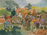 Algesa O'Sickey, - ''Fugres Tending Horses''-, watercolor and grphite on paper, estate