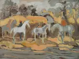 - ''Four Horses and Riders Beside a Stream''- by Algesa O'Sickey, oil on brown paper, estate, offered Jun 2019