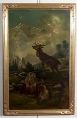 R. Foster, - Elk in Mountainous Landscape-, oil on canvas laid to panel, 1886