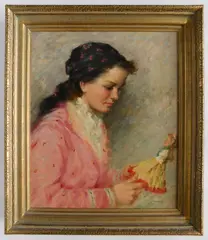 L. Rezes Molnar, - Girl with Doll-, oil on canvas