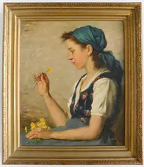 L. Rezes Molnar, - Girl with Flowers-, oil on canvas