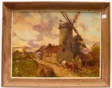 Leslie Cope, - Country Village with Windmill-, oil on panel, 1959