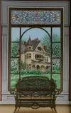 Sue Wall, - Wicker Chair with Queen Anne style house in the Distance-, acrylic on panel