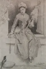 Joseph Caraud, - ''The Visitor''-, charcoal on greay laid paper, 1884