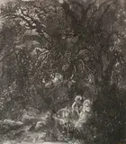 Rodolphe Bresdin, - ''Les Repos en Egypte a l'Ane Bate'' (Van Gelder 138)-, etching, 1871, posthumous printing, 1975, published by Ferdinand Roten Galleries