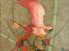 Stark Davis, - Red Parrot-, gouache on paper mounted to canvasboard