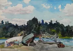 Aiden L. Ripley, - The Boat Launch-, watercolor on paper, estate