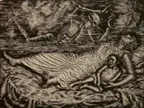 Albert Abramovitz, - Mother, Child and skeleton- wood, engraving, sgined in pencil