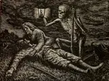 Albert Abramovitz, - Skeleton over a Fallen Soldier- wood, engraving