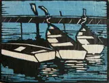 JessieJo Eckford, - ''Crabbing Boats''-, woodcut in color, 1931