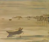 Julius David Katzieff, - Harbor Scene-, monotype in color on soft laid paper