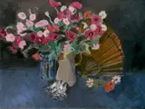 - ''Flowers in a Vase with Fan and Shell- by Algesa O'Sickey, oil on paper, estate number verso, very good condition, offered Mar 2019