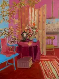 - ''Interior with Blue Bench and Striped Carpet''- by Algesa O'Sickey, oil on canvas, estate inventory number verso, very good condition, offered Mar 2019